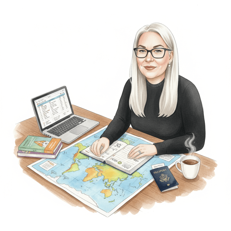 Watercolour illustration of Dee from Nosy Globe planning a travel itinerary at her desk with world map, laptop, passport and travel guides